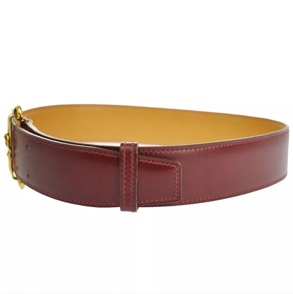 HERMES Logo Gold Buckle Leather Belt in Bordeaux Red! - Picture 2 of 15